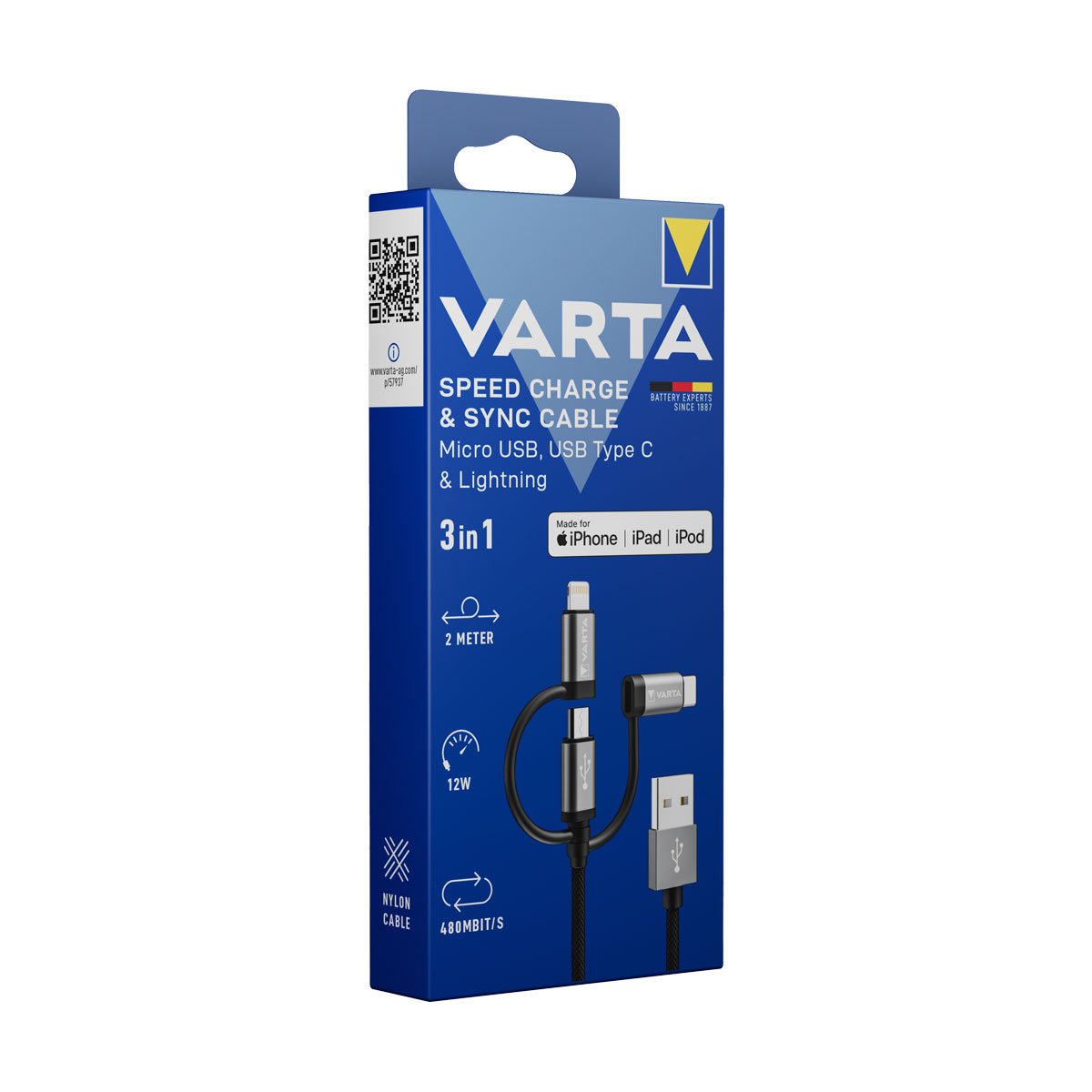 VARTA Speed Charge& Sync 3in1 Ladekabel Micro USB, USB-C, Lightning 2m für iPhone und iPad