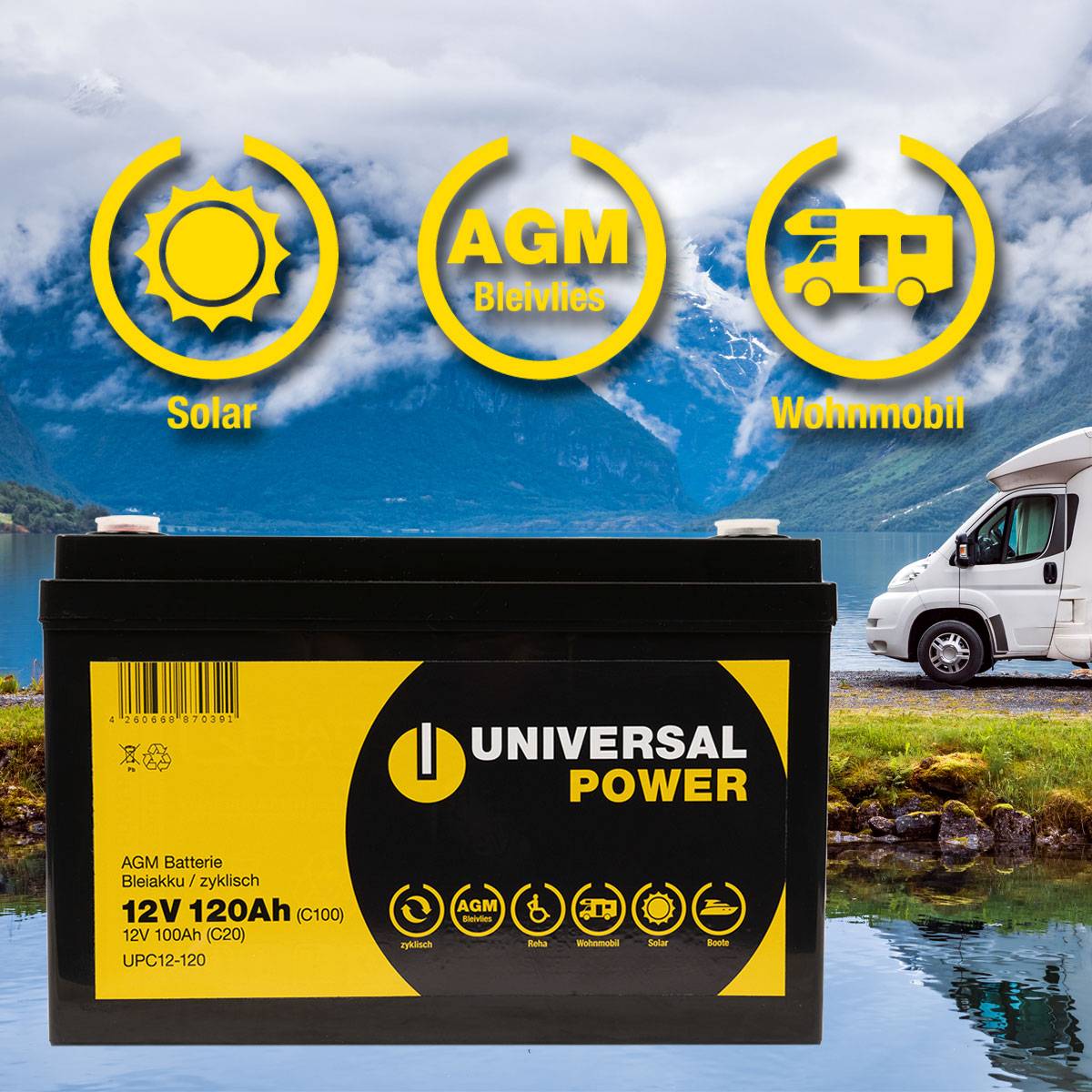 Universal Power AGM UPC12-100 12V 107Ah AGM Batterie Bleiakku zyklenfest & wartungsfrei