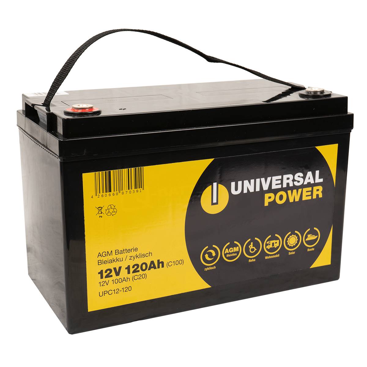 Universal Power AGM UPC12-100 12V 107Ah AGM Batterie Bleiakku zyklenfest & wartungsfrei