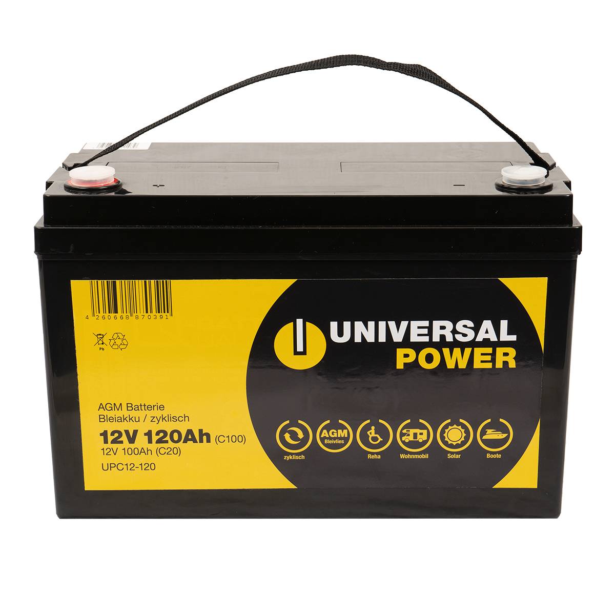 Universal Power AGM UPC12-100 12V 107Ah AGM Batterie Bleiakku zyklenfest & wartungsfrei