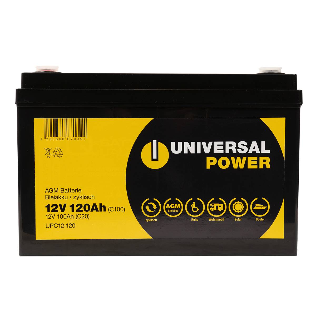 Universal Power AGM UPC12-100 12V 107Ah AGM Batterie Bleiakku zyklenfest & wartungsfrei