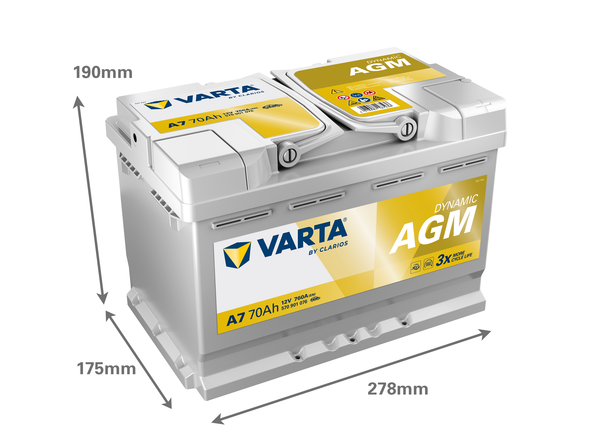 VARTA A7 Silver Dynamic AGM 12V 70Ah 760A Autobatterie Start-Stop 570 901 076