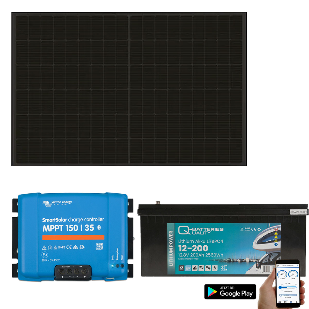 Inselanlage PV 400Wp 24V mit 2,4kWh Lithium LiFePO4 Speicher