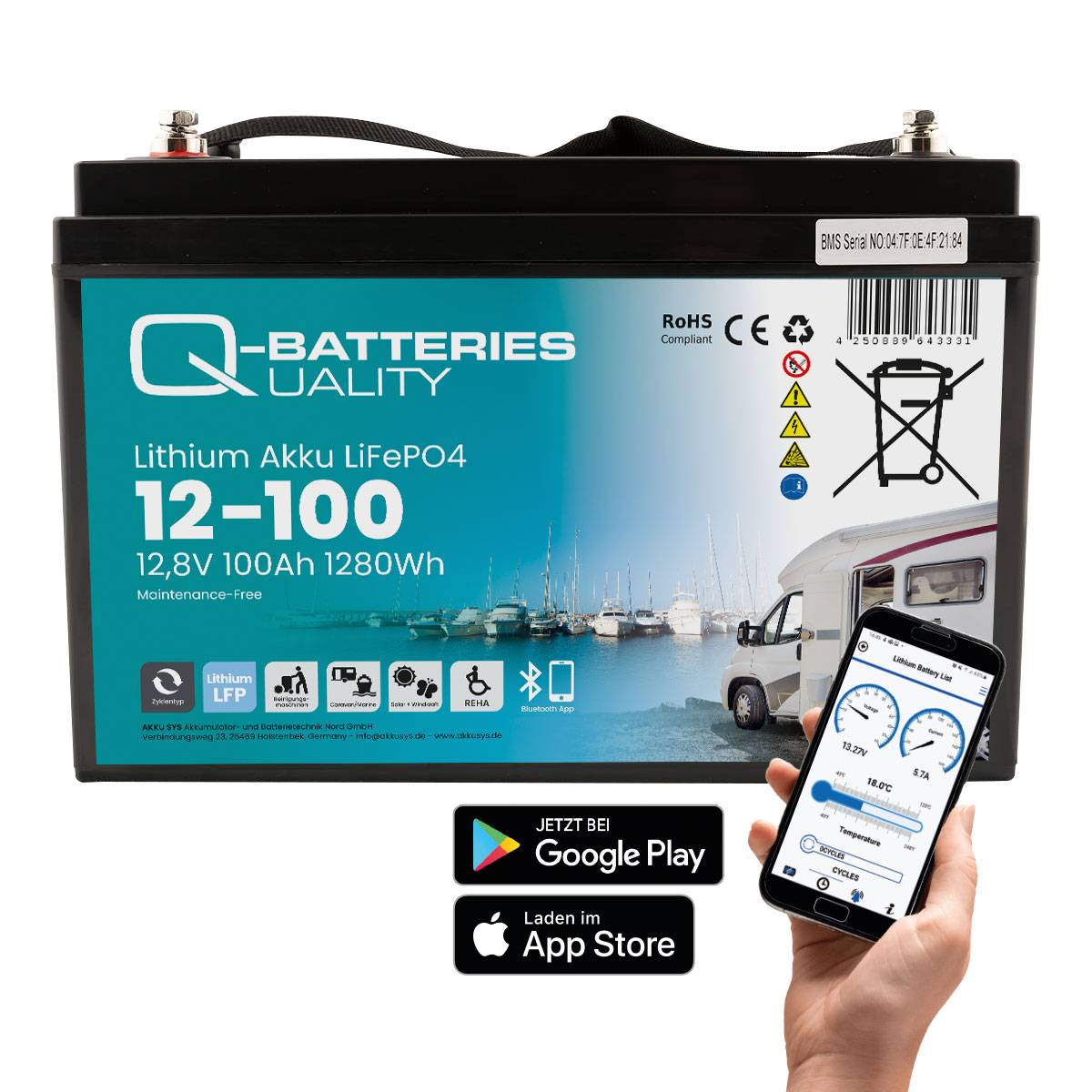 Q-Batteries Lithium Akku 12-100 12,8V 100Ah 1280Wh LiFePO4 Batterie mit Bluetooth  