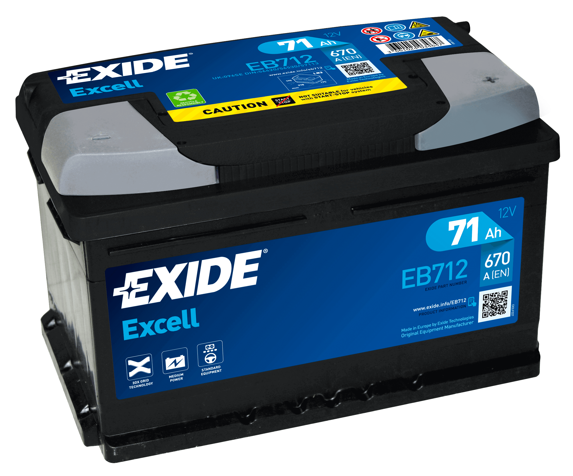 Exide EB712 Excell 12V 71Ah 670A Autobatterie Exide EB712 Excell 12V 71Ah 670A Autobatterie