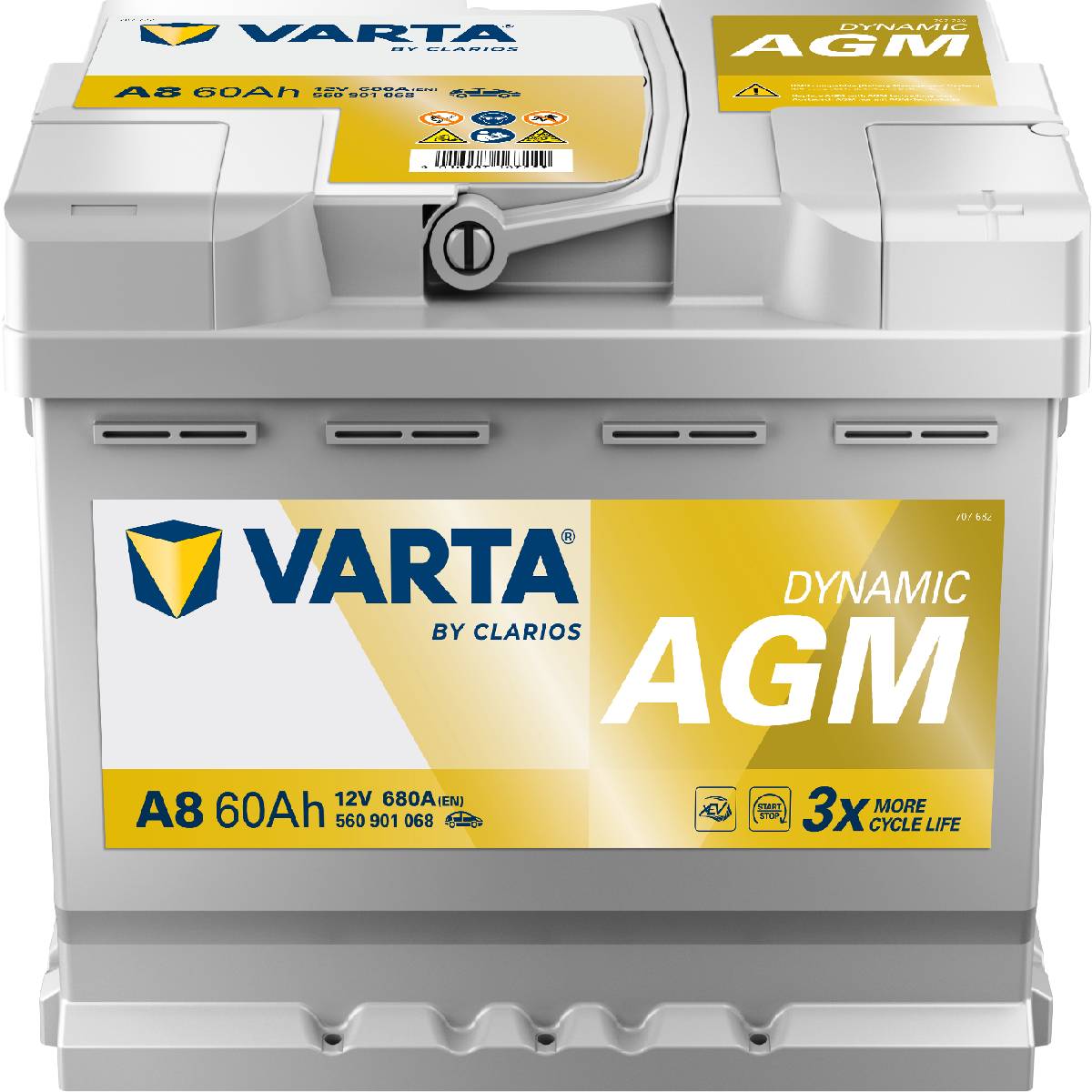 VARTA A8 Silver Dynamic AGM 12V 60Ah 680A Autobatterie Start-Stop 560 901 068